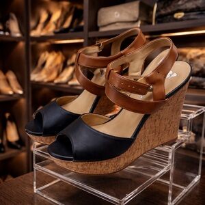 BP Navy Cork Wedge Sandals 9M Ankle Strap Platform Heels